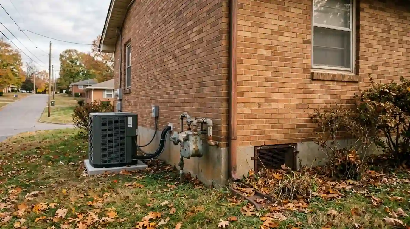 Older brick house with a newer heat pump in the side yard