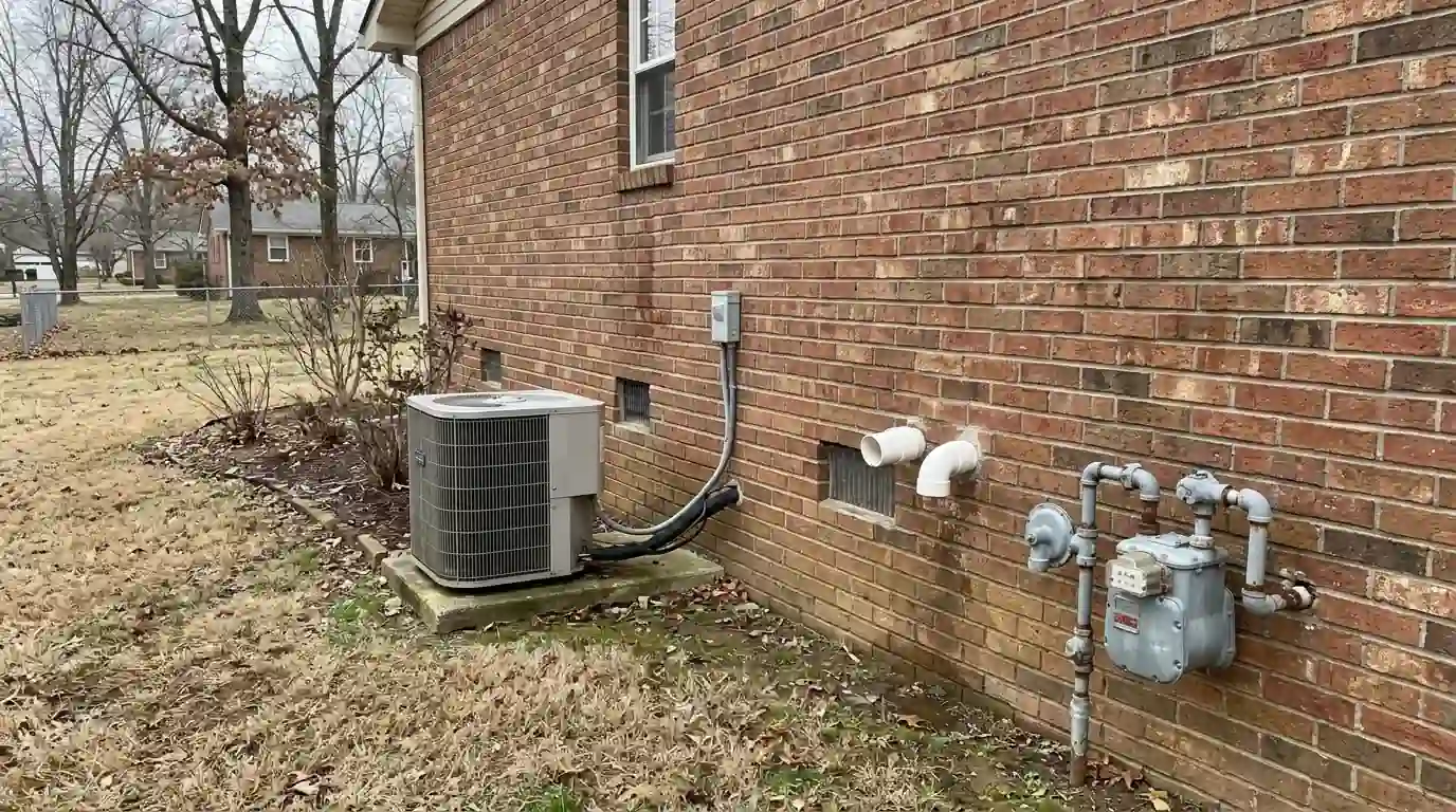 Heat pump outside a home with a gas meter on the same wall