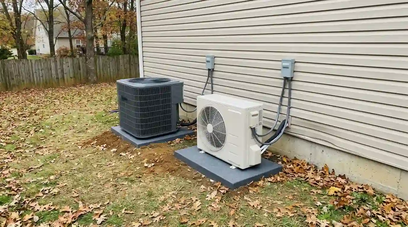 New heat pump and mini-split outdoor units beside a house