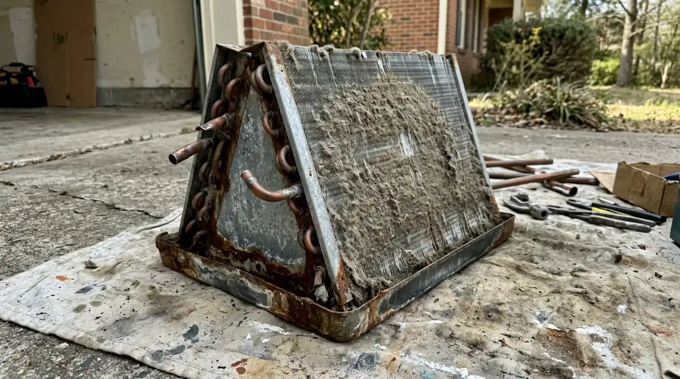 Old evaporator coil with dirty fins after removal