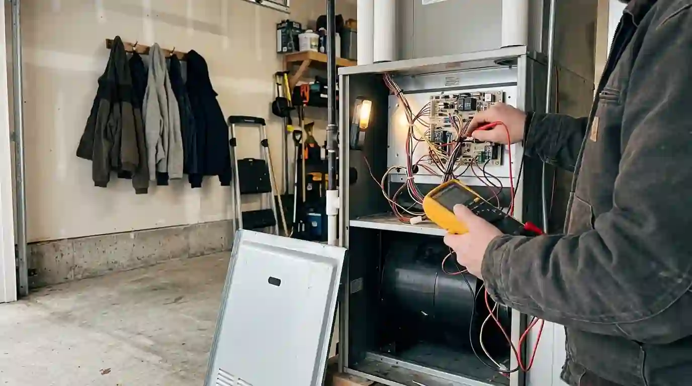 Multimeter testing a furnace control board