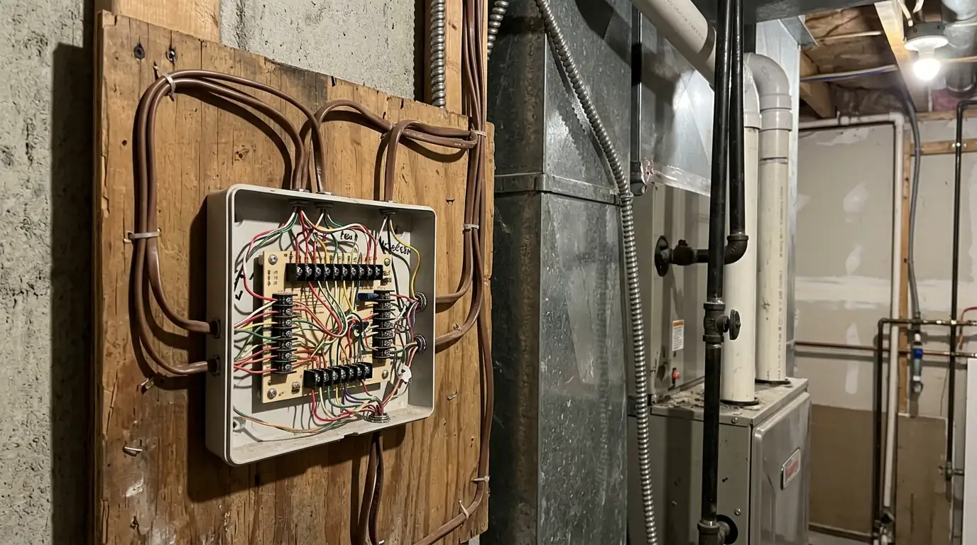 Zone control panel wired beside an indoor furnace