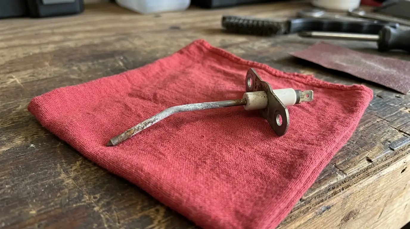Coated furnace flame sensor removed for cleaning