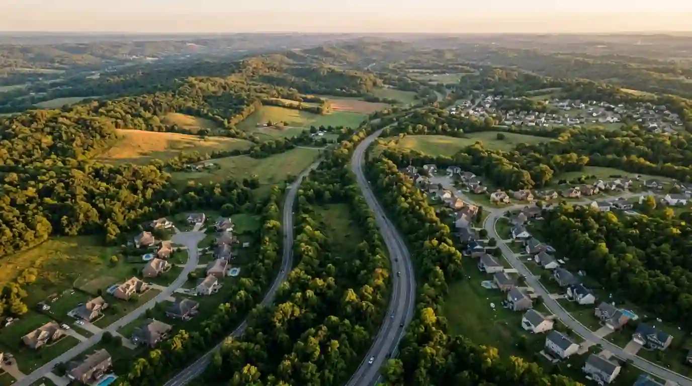 Rolling hills and subdivisions north of Nashville along a two-lane highway