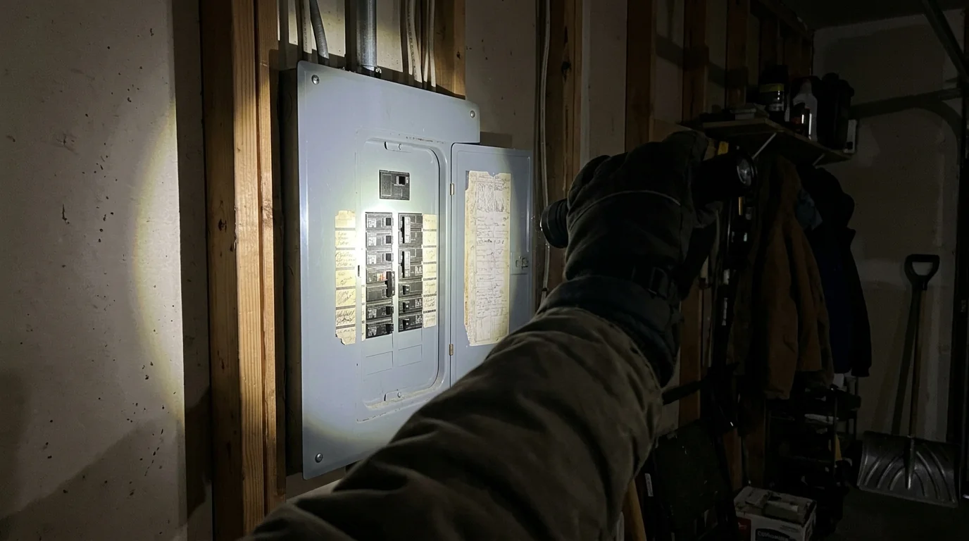 Tripped breaker in a home electrical panel after an outage