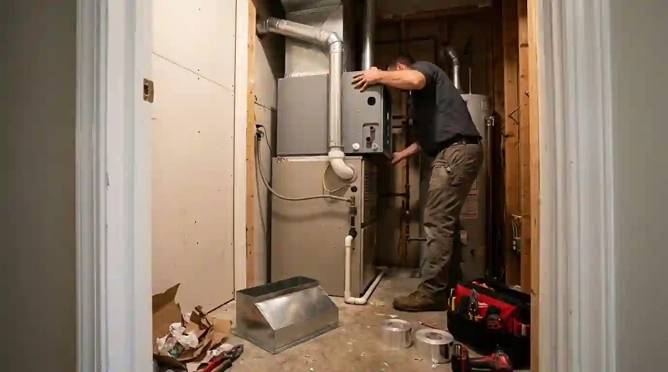 New cased coil set on top of a furnace