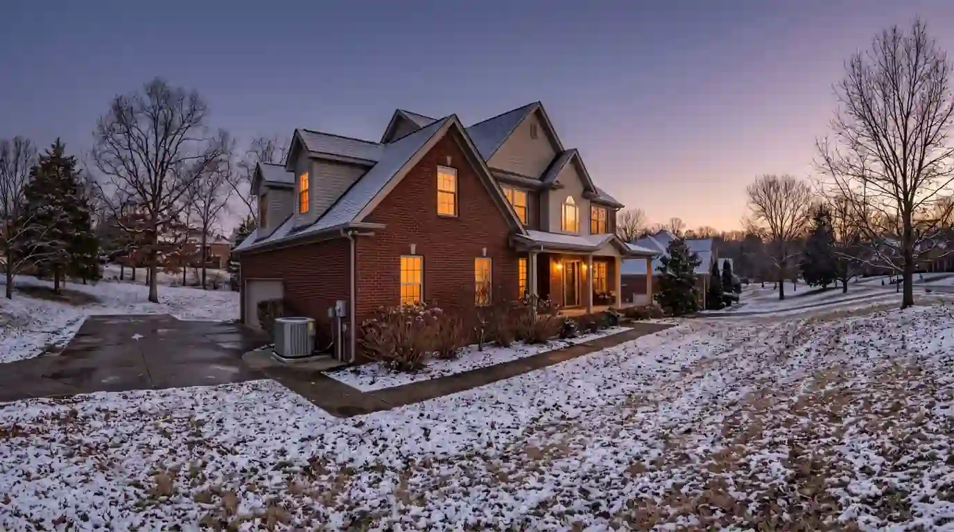 Heat pump outside a two-story home on a snowy evening