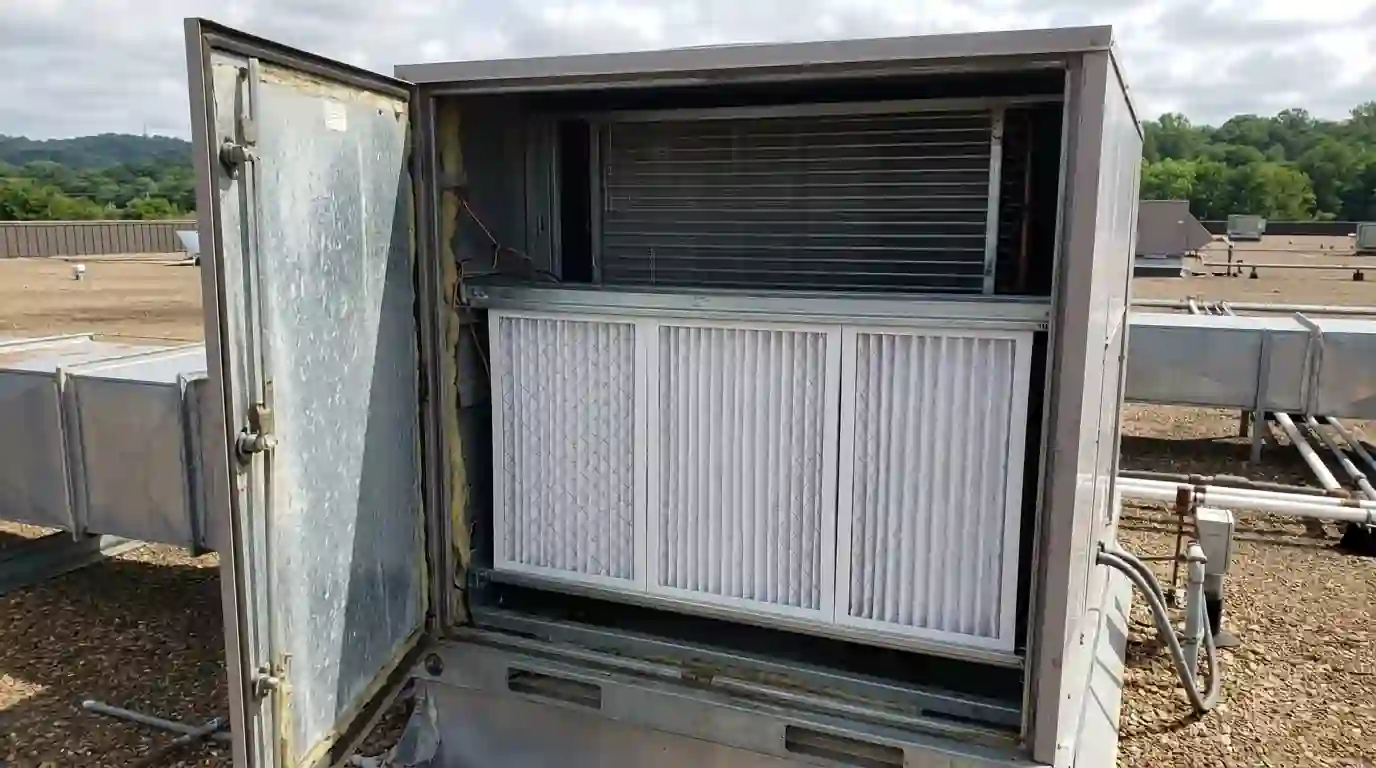 Fresh filters installed in a rooftop unit rack