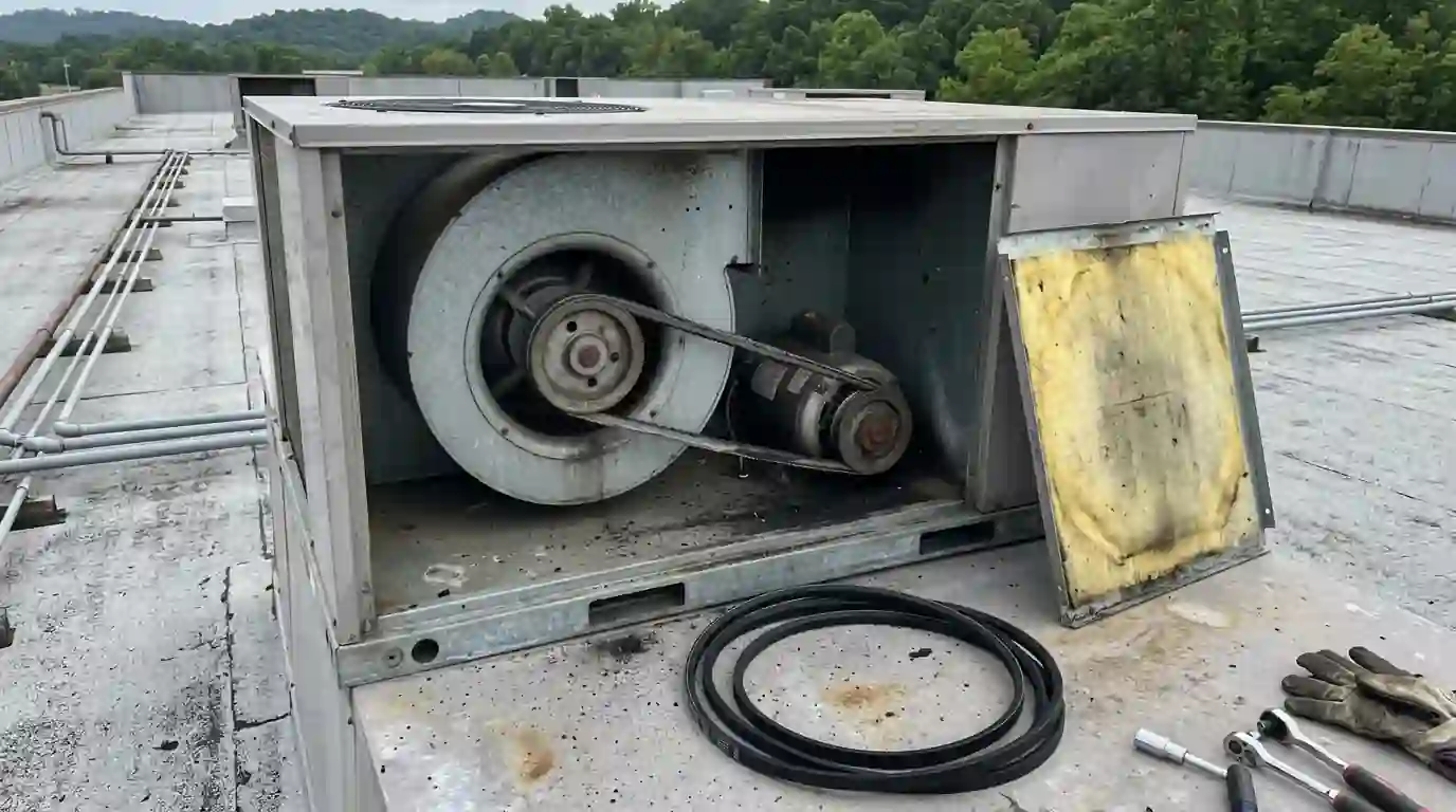 Worn blower belt inside a rooftop unit